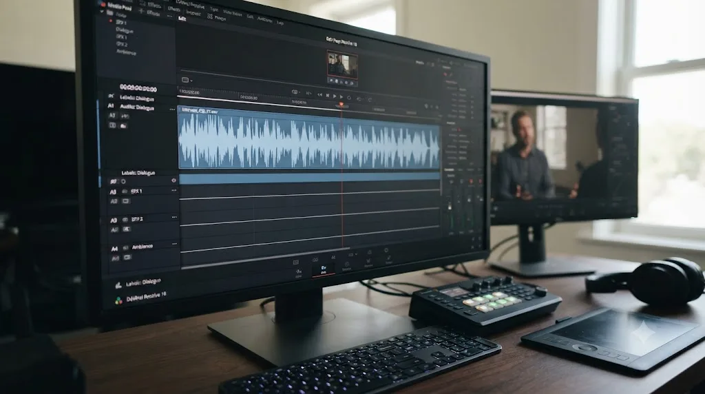 Illustration of a DaVinci Resolve timeline where only the first audio track shows a waveform after an XML import
