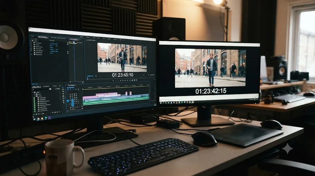 Illustration comparing a Premiere Pro timecode readout against a neutral timecode reading of the same clip