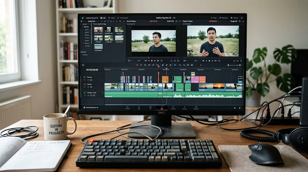 A beginner's first rough cut timeline in the DaVinci Resolve Edit page