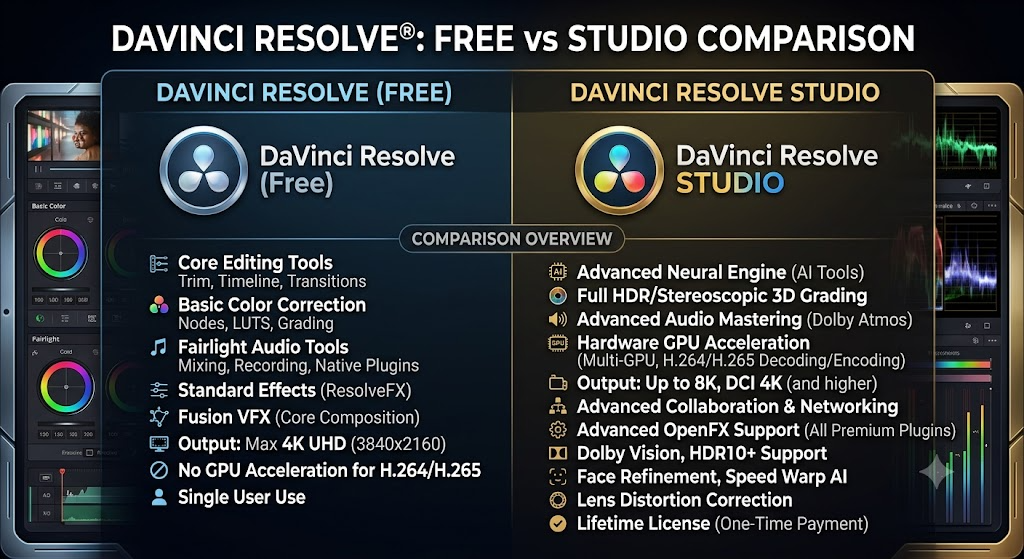 DaVinci Resolve free version versus Studio version feature comparison