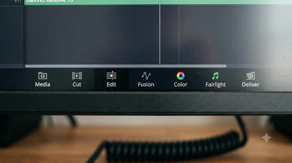 DaVinci Resolve page selector showing Media, Cut, Edit, Fusion, Color, Fairlight, and Deliver
