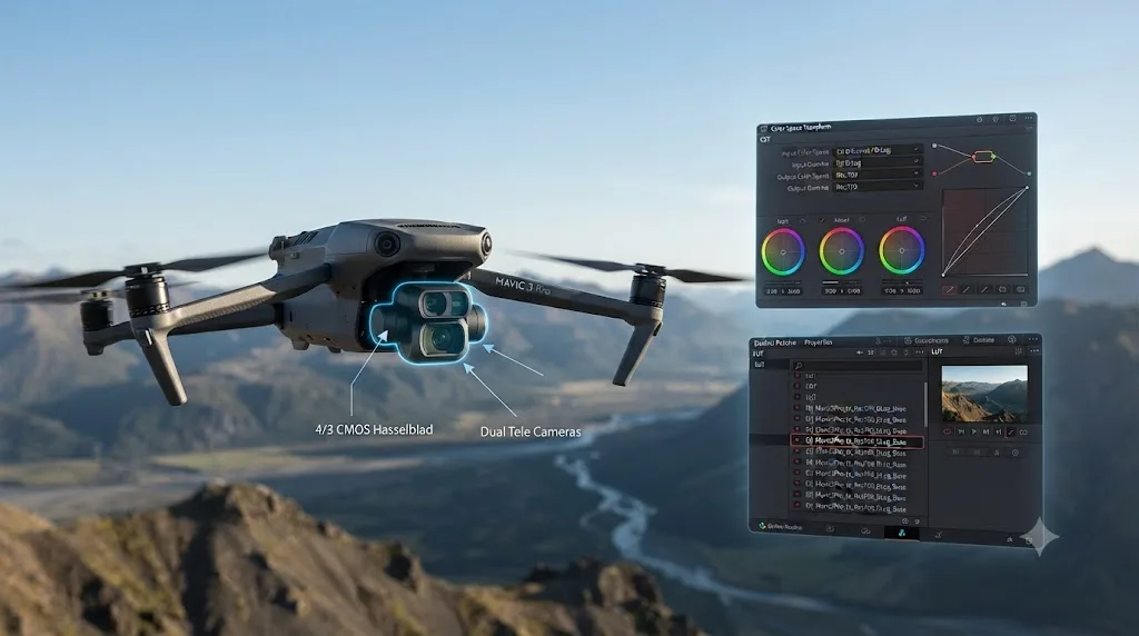 Illustration of a DJI Mavic 3 Pro drone's three cameras next to a DaVinci Resolve Color Space Transform panel