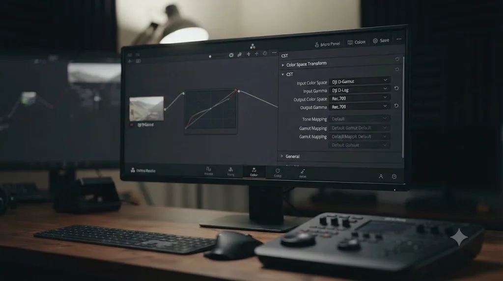 Illustration of a DaVinci Resolve Color Space Transform panel set to DJI D-Gamut and DJI D-Log for the Mavic 3 Pro's main camera