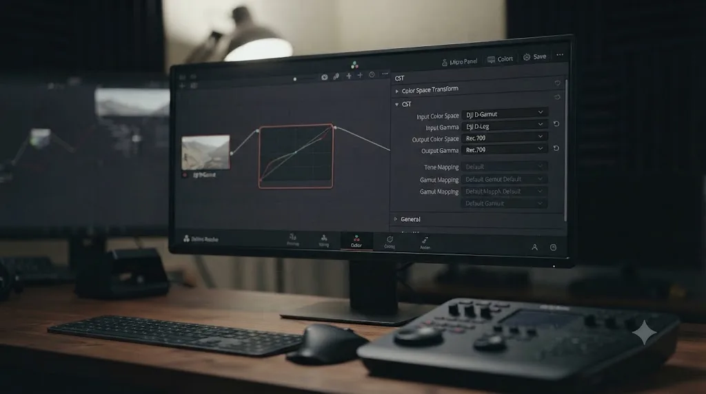 Illustration of a DaVinci Resolve node graph with a Color Space Transform node converting DJI Mavic 3 Pro D-Log footage to Rec.709