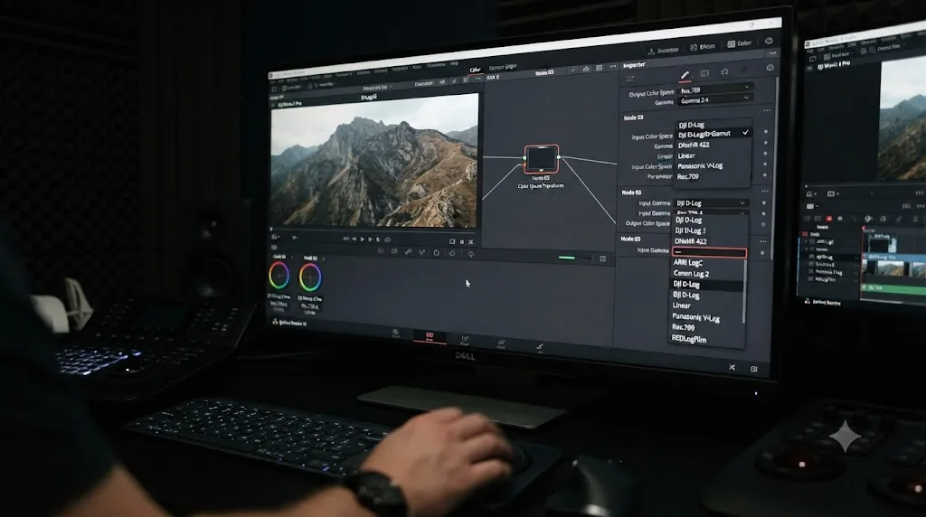 Illustration comparing a documented DaVinci Resolve Color Space Transform preset to the absence of one for DJI D-Log M