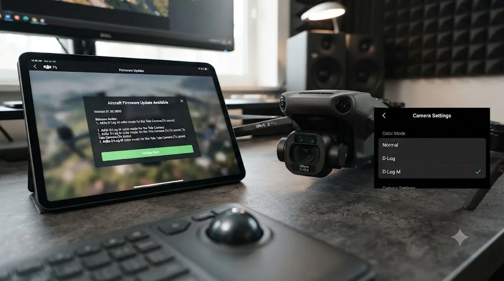 Illustration of a DJI Fly app firmware update screen next to the Mavic 3 Pro's tele camera color mode menu gaining D-Log M