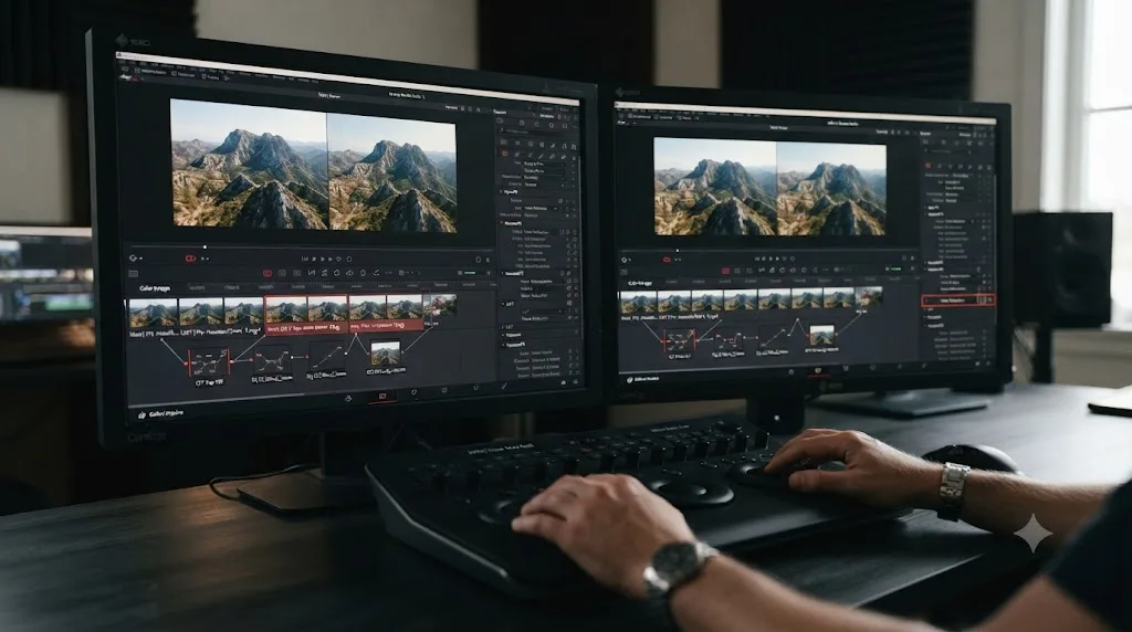 Illustration comparing DaVinci Resolve free and Studio editions, showing identical color tools and Studio-only noise reduction for Mavic 3 Pro footage