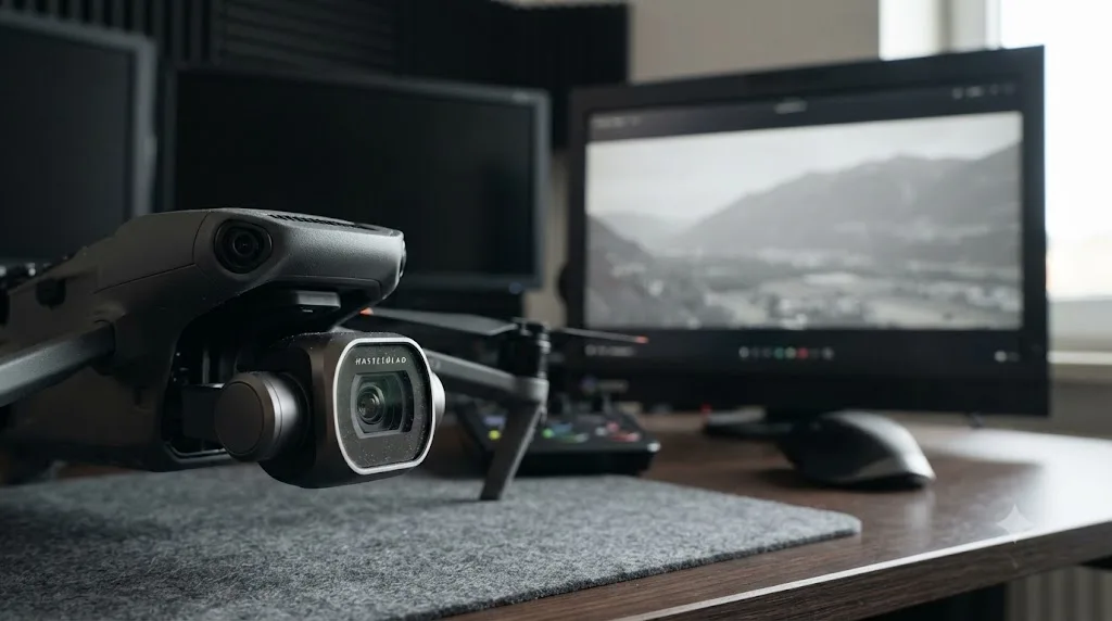 Illustration of the DJI Mavic 3 Pro's Hasselblad main camera with a flat D-Log preview on a monitor