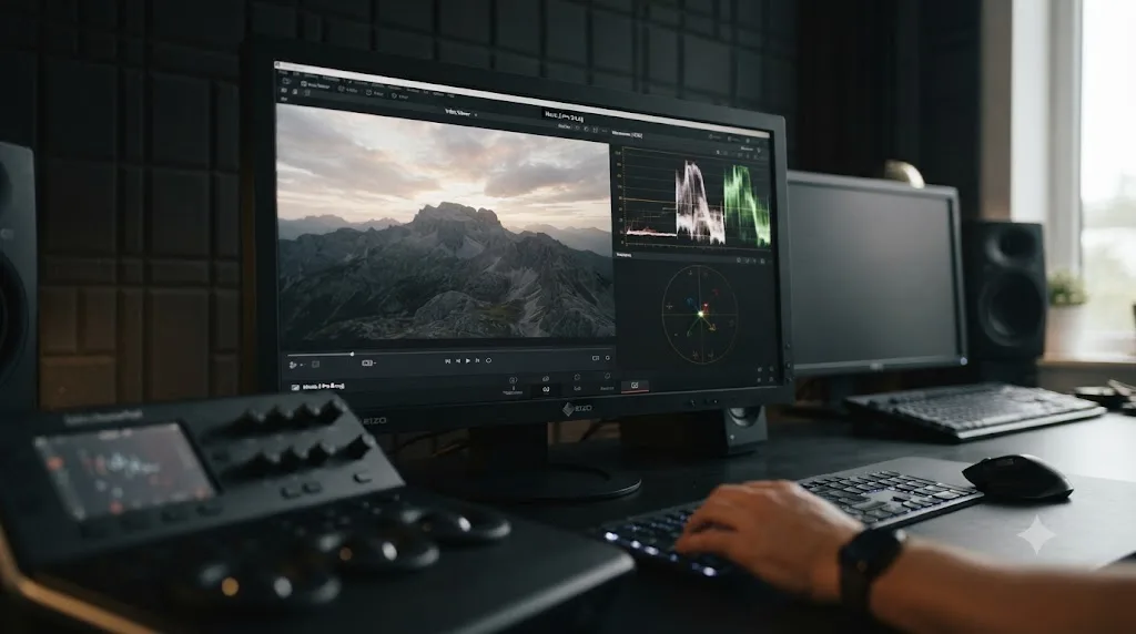 Illustration of a DaVinci Resolve scopes panel showing a properly exposed DJI Mavic 3 Pro D-Log clip within its ISO range