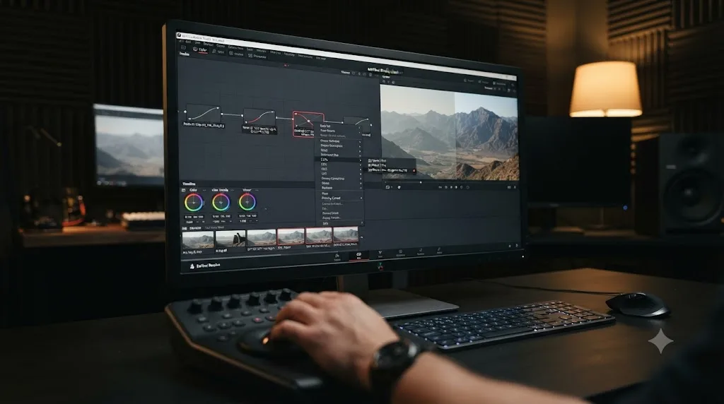 Illustration of a DaVinci Resolve node graph with DJI's official D-Log M to Rec.709 LUT applied to Mavic 3 Pro tele camera footage