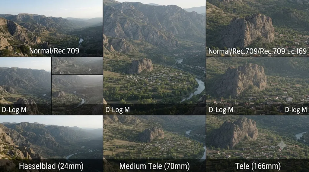 Illustration comparing the same scene shot on the DJI Mavic 3 Pro's three cameras in their available color modes