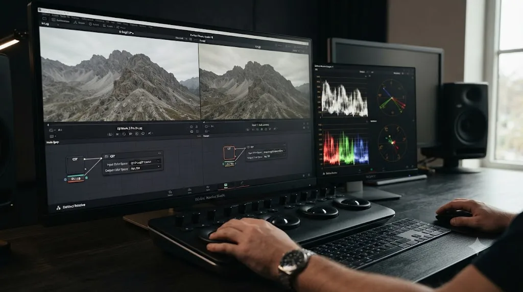 Illustration comparing a DJI Mavic 3 Pro D-Log clip and a main camera's log clip, each converted with its own correct tool before color matching in DaVinci Resolve