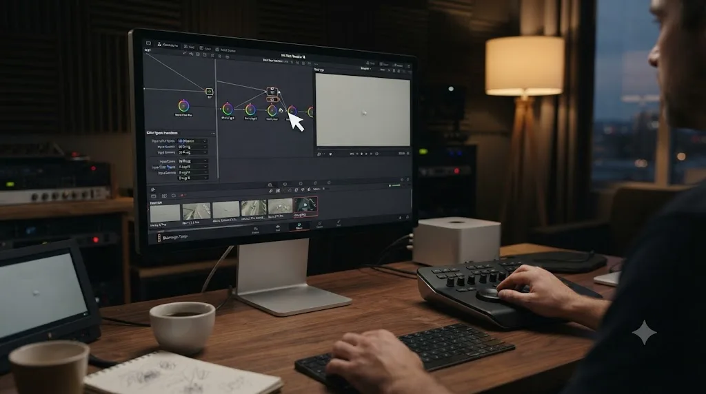 Illustration of an on-screen assistant highlighting the Color Space Transform settings in DaVinci Resolve on a Mac for Mavic 3 Pro footage
