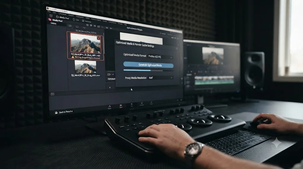 Illustration of a DaVinci Resolve Media Pool showing a stuttering DJI Mavic 3 Pro clip next to an Optimized Media generation menu