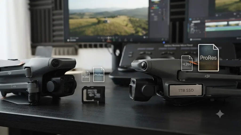 Illustration comparing the standard DJI Mavic 3 Pro's storage to the Mavic 3 Pro Cine's storage, with H.265 and ProRes file size icons