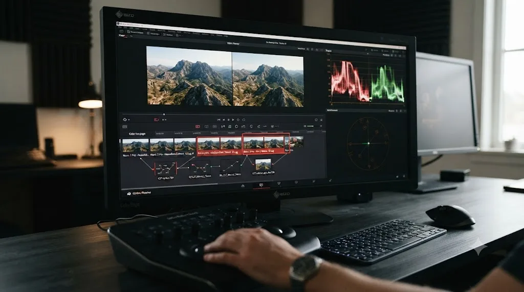 Illustration of a DaVinci Resolve timeline comparing DJI Mavic 3 Pro clips from three different cameras, each graded through its own correct conversion
