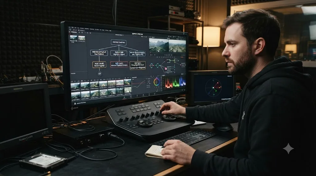 Illustration of a troubleshooting decision tree matching DJI Mavic 3 Pro D-Log and D-Log M footage symptoms in DaVinci Resolve to their causes