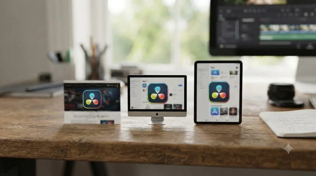 Illustration of the DaVinci Resolve icon across three legitimate download sources, Blackmagic's website, the Mac App Store, and the iPad App Store