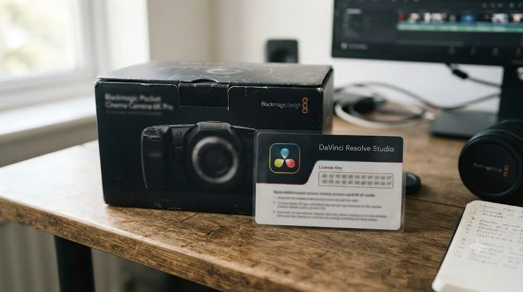 Illustration of a Blackmagic camera box with a printed activation card next to a DaVinci Resolve Studio icon