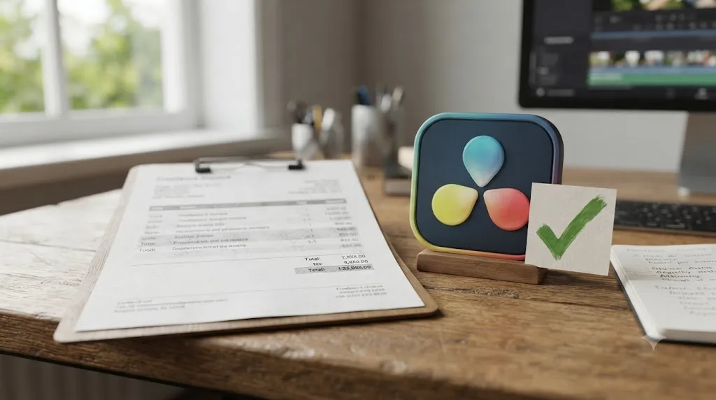 Illustration of a freelance invoice next to a DaVinci Resolve icon with a checkmark, representing permitted commercial use of the free version