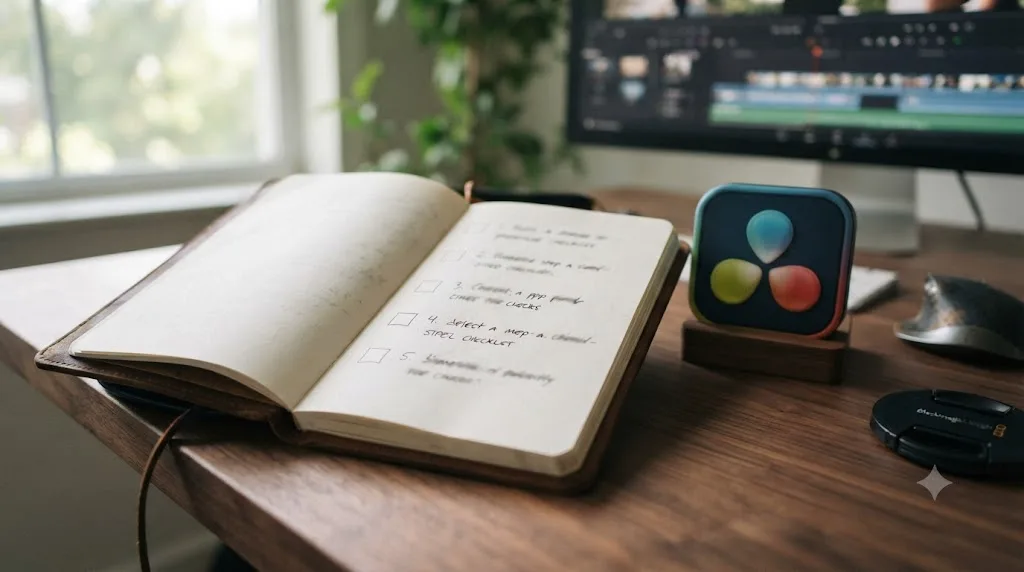 Illustration of a checklist for diagnosing a suspected DaVinci Resolve free-version expiration message