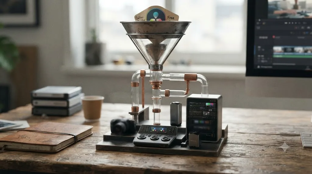Illustration of a funnel showing DaVinci Resolve's free version feeding into Blackmagic's camera and Studio ecosystem