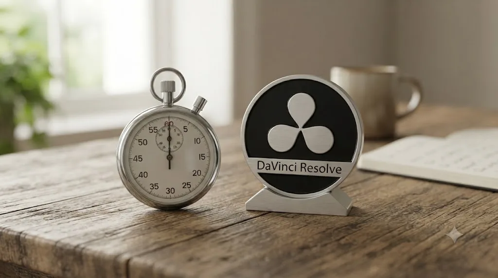 Illustration of a frozen stopwatch next to the DaVinci Resolve logo, representing no time limit