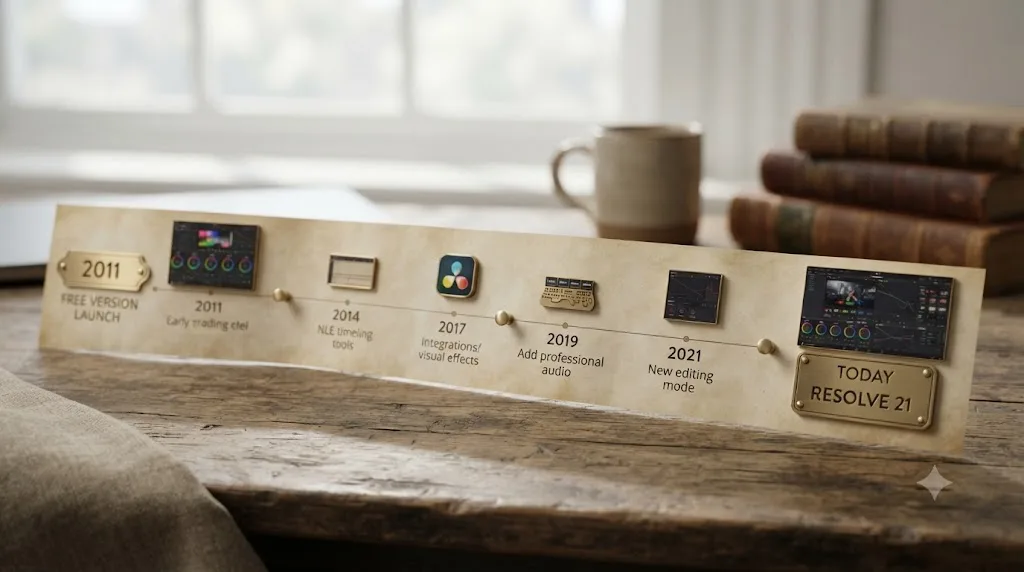 Illustration of a timeline showing DaVinci Resolve's free version history from 2011 to the present