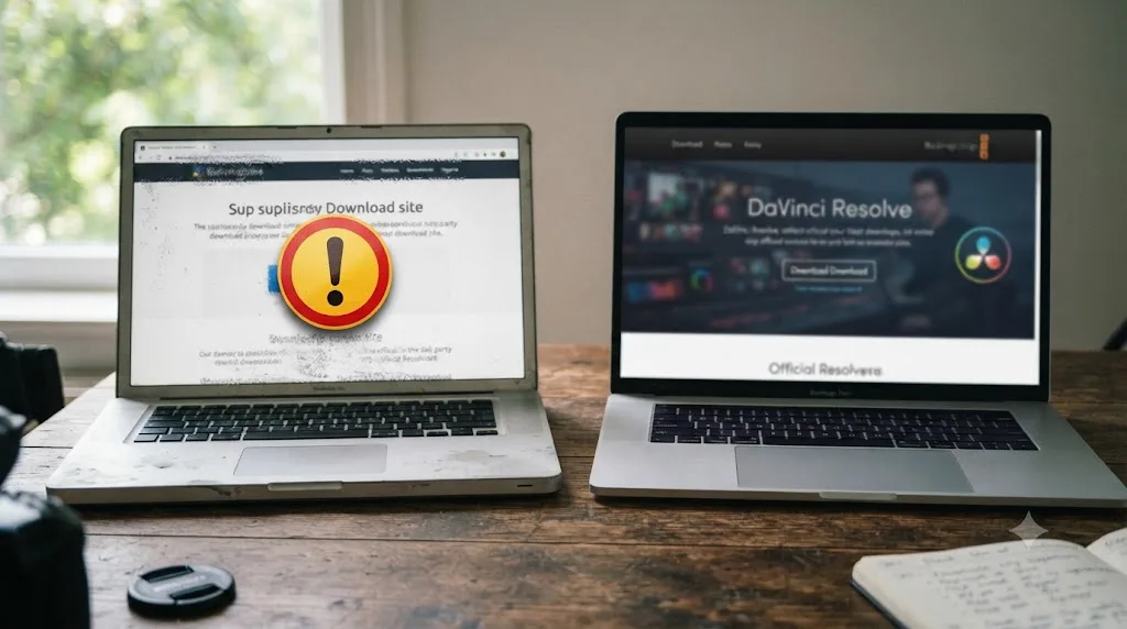 Illustration of a warning sign over a suspicious third-party DaVinci Resolve download link next to the official Blackmagic Design download page