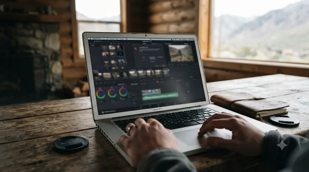 Illustration of a laptop running DaVinci Resolve's free version with no internet connection available