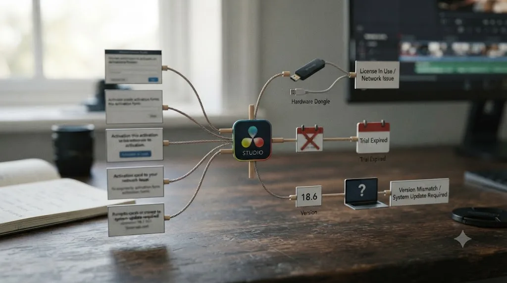 Illustration of a decision tree matching DaVinci Resolve activation prompts to their real underlying causes