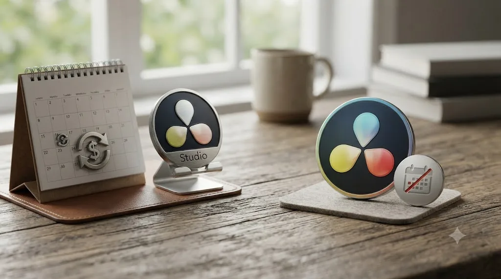 Illustration of a monthly rental calendar next to the DaVinci Resolve Studio logo, contrasted with the calendar-free DaVinci Resolve free version