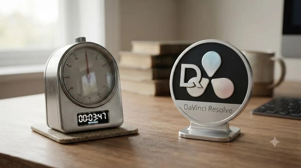Illustration comparing a software trial countdown timer with a permanently unlocked DaVinci Resolve icon