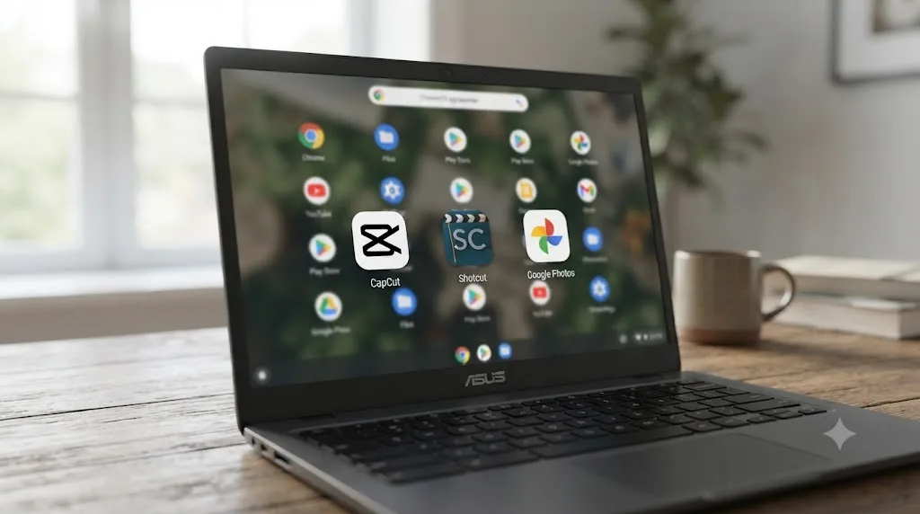 Illustration of video editing app icons available on a Chromebook app launcher