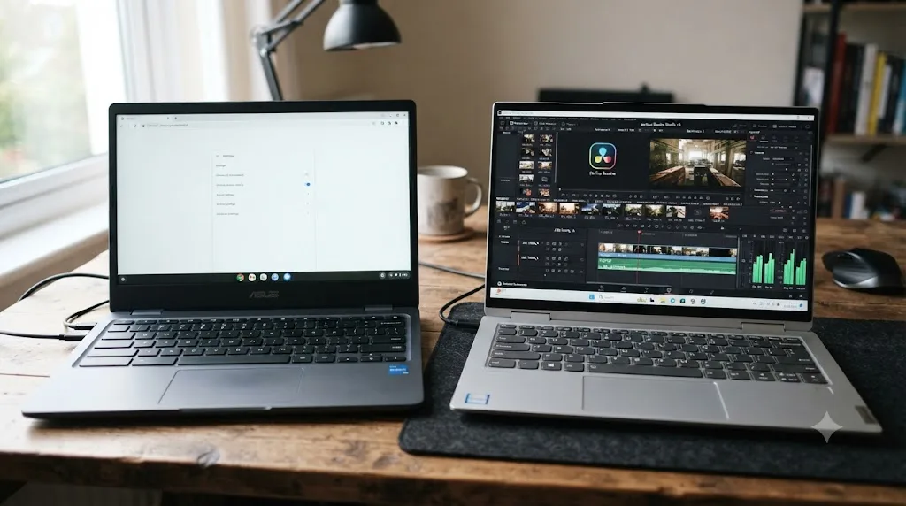 Illustration comparing an ARM Chromebook and an ARM Windows laptop running DaVinci Resolve