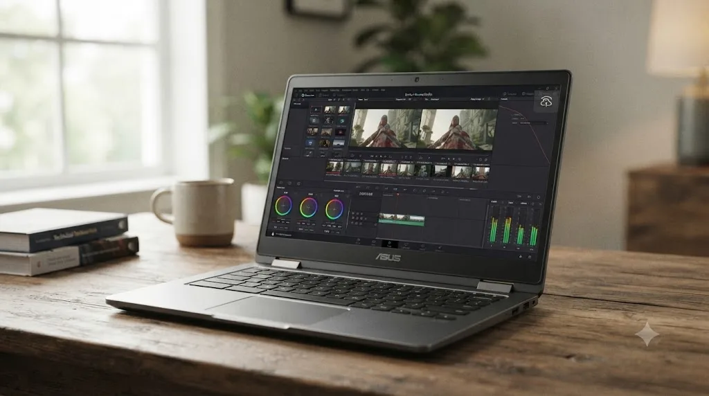 Illustration of a Chromebook streaming DaVinci Resolve from a remote cloud computer over the internet