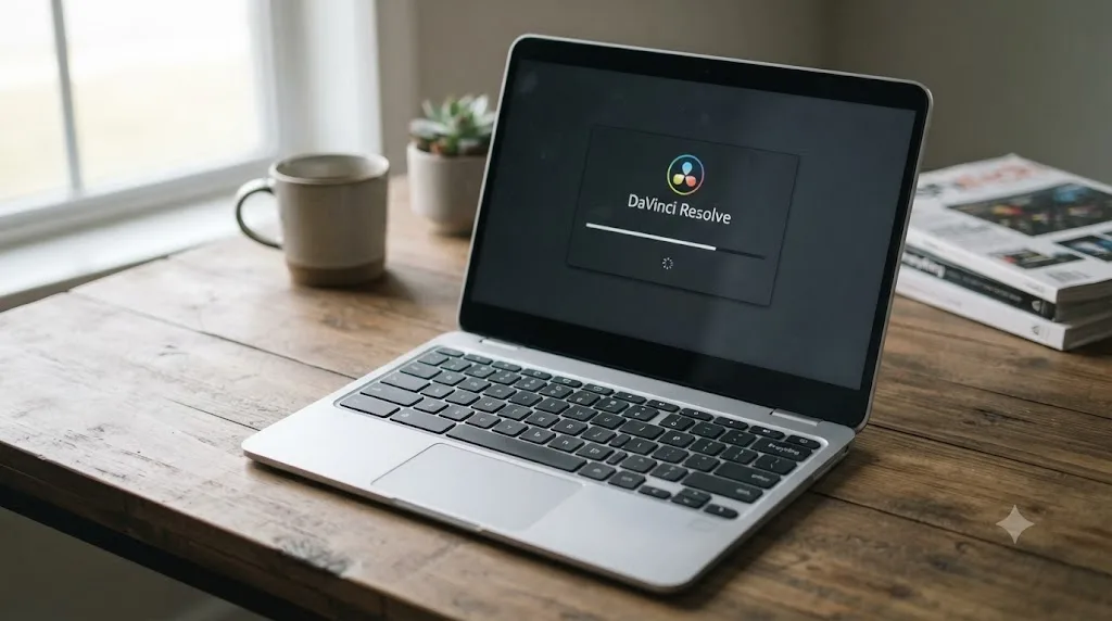 Illustration of a Chromebook with a DaVinci Resolve splash screen frozen on its display