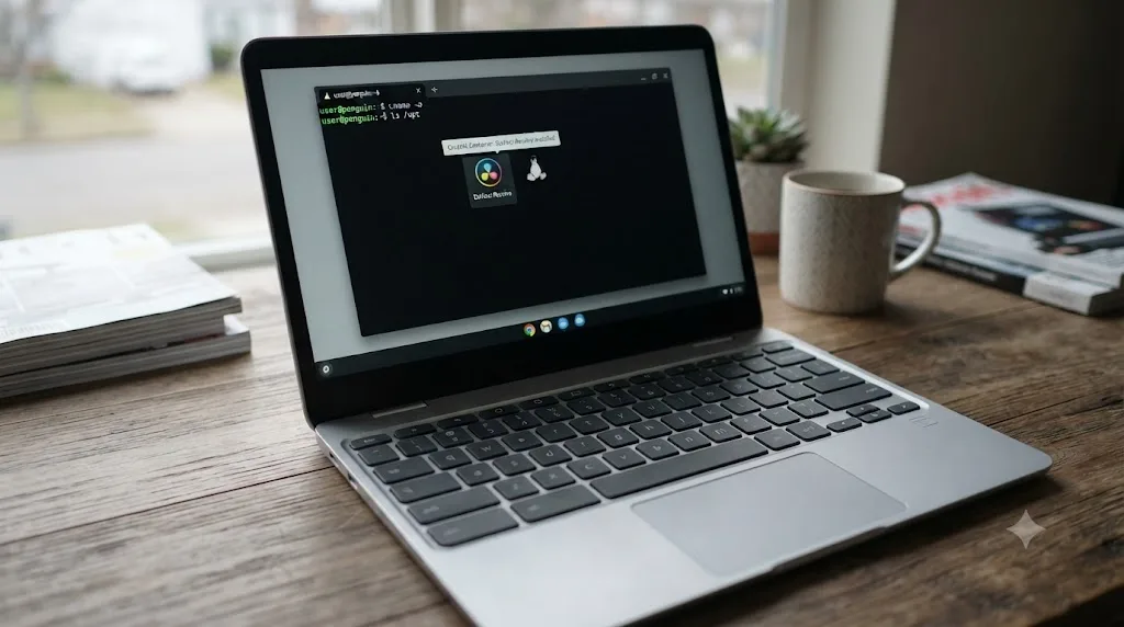 Illustration of a Chromebook terminal window running the Crostini Linux container with a DaVinci Resolve icon