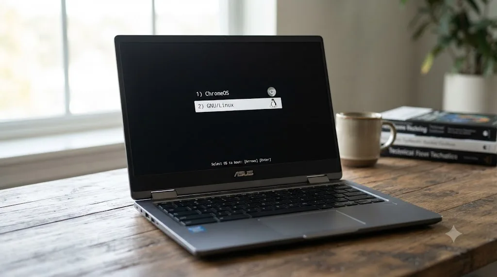 Illustration of a Chromebook dual-boot menu offering ChromeOS or a real Linux installation