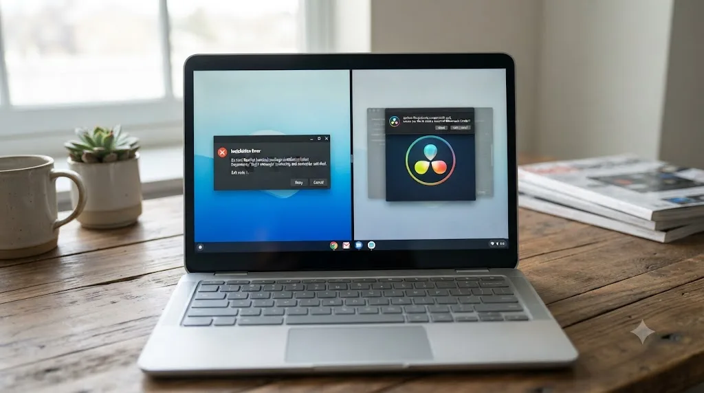 Illustration of a failed DaVinci Resolve installation attempt on a Chromebook showing an error state