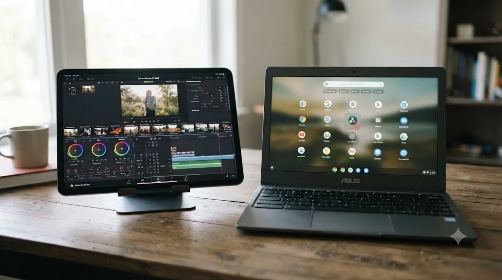 Illustration comparing DaVinci Resolve for iPad's availability against an unavailable Chromebook equivalent