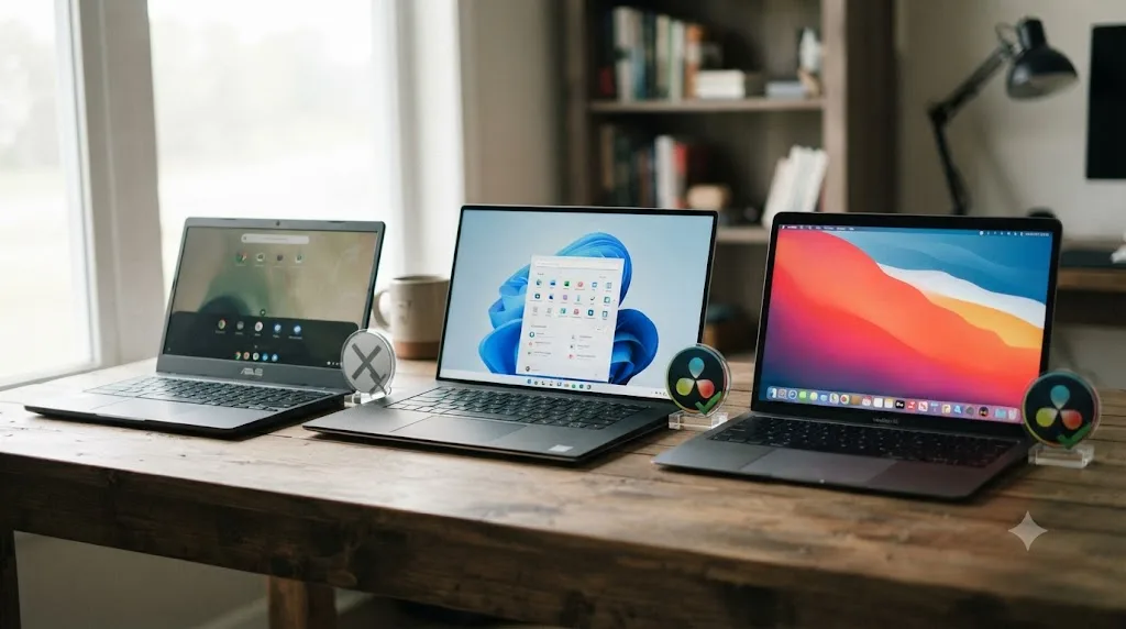 Illustration comparing a Chromebook, Windows laptop, and Mac for DaVinci Resolve compatibility