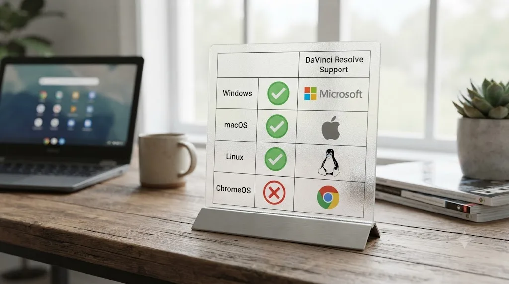 Illustration of a comparison chart showing which operating systems DaVinci Resolve supports
