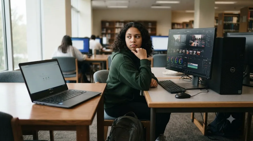 Illustration of a student choosing between a Chromebook and a lab computer for a DaVinci Resolve assignment