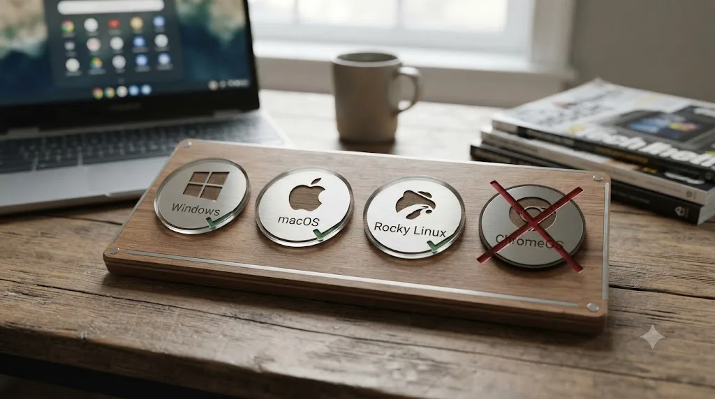 Illustration of DaVinci Resolve's supported operating systems with ChromeOS shown as unsupported