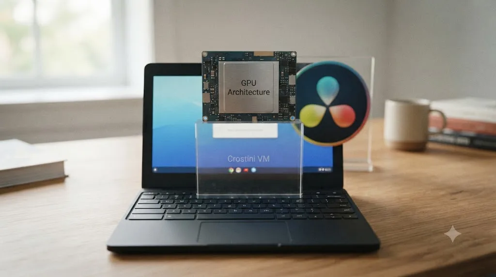 Illustration of two stacked barriers, software and hardware, blocking DaVinci Resolve on a Chromebook
