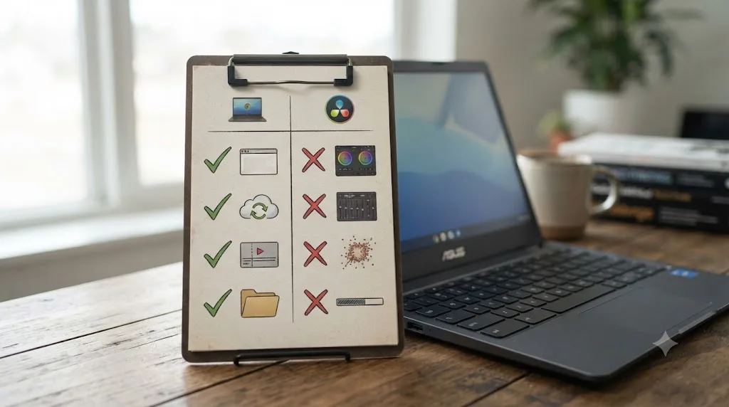 Illustration of a checklist showing what a Chromebook can and cannot do for learning DaVinci Resolve