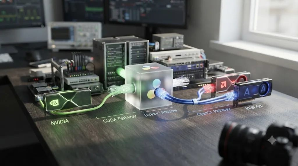 Illustration comparing Nvidia's CUDA pathway to AMD and Intel Arc's shared OpenCL pathway into DaVinci Resolve