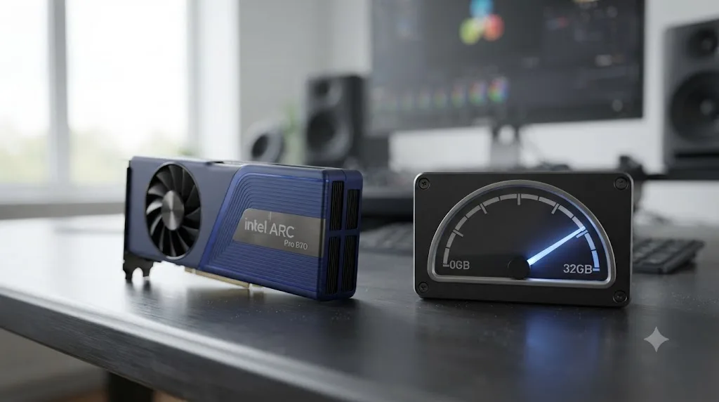 Illustration of an Intel Arc Pro B70 workstation graphics card beside a VRAM capacity gauge showing 32GB of memory