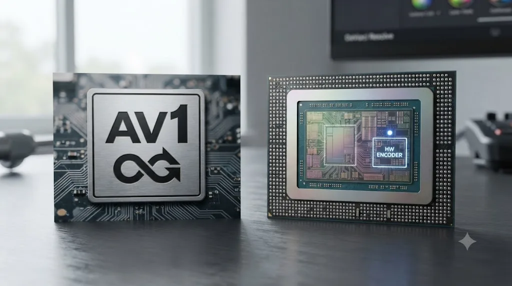 Illustration of an AV1 codec icon next to an Intel Arc chip diagram showing a dedicated hardware encoder block
